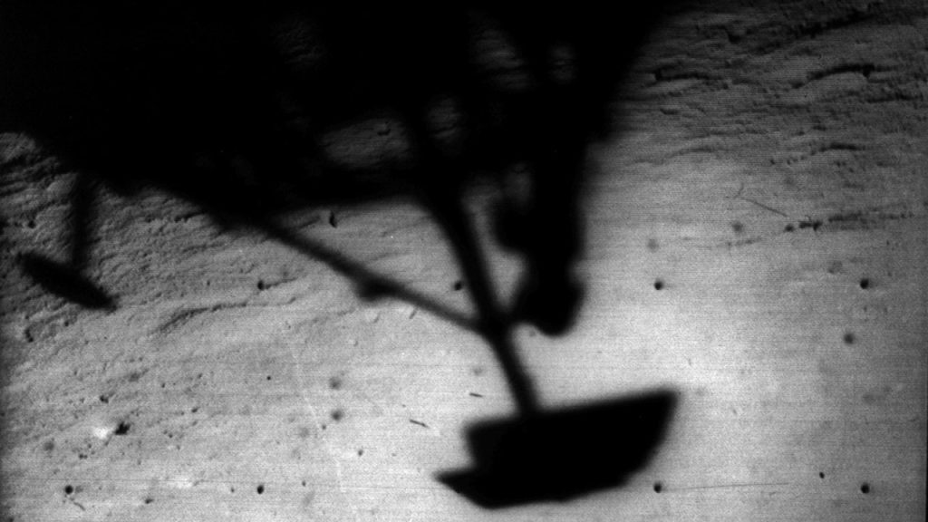 Surveyor 1 selfie, as enhanced by JPL, dated Aug. 9, 1966